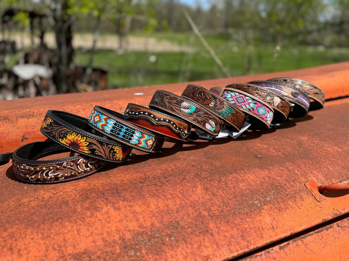 Western leather dog collar tooled or beaded details skull sunflower feather rhinestone by Double B Wild Rags